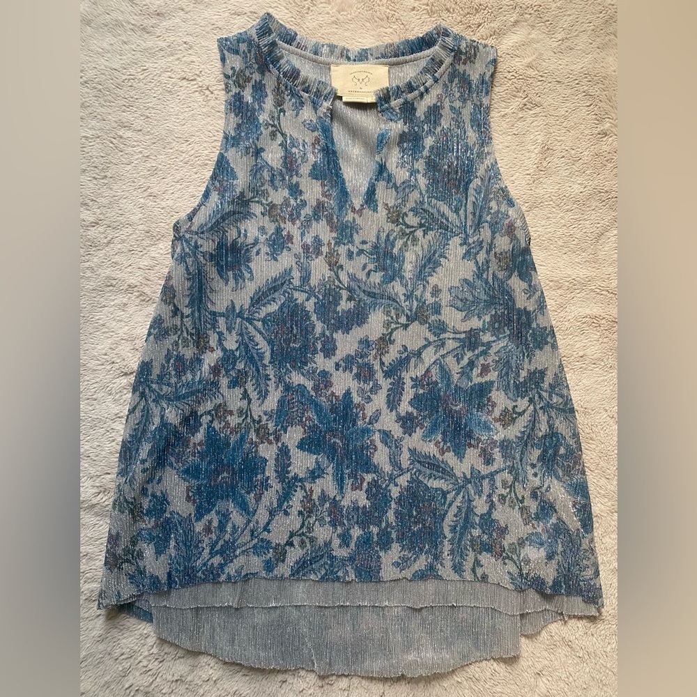 Anthropologie Blue Floral Print Sleeveless Tank